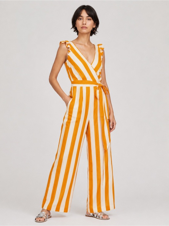 Boden Pants - Boden Mila Linen Striped Wide Leg Jumpsuit Orange & White 2R